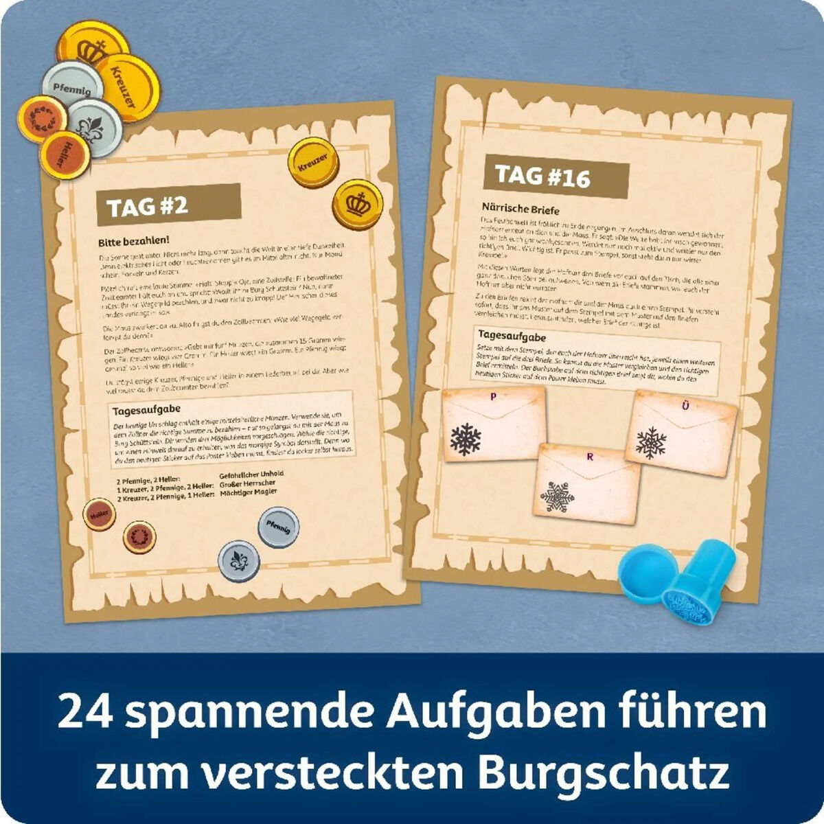 Zwei beige Rätselseiten mit der Aufschrift 'TAG #2' und 'TAG #16' aus dem Escape Adventskalender mit der Maus sind abgebildet. Darunter steht: '24 spannende Aufgaben führen zum versteckten Burgschatz'. Oben links befinden sich einige bunte, runde Markierungen.