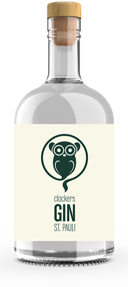 Eine Flasche Clockers Gin St. Pauli mit einem weißen Etikett. Auf dem Etikett ist ein Logo mit einem stilisierten Tier und die Aufschrift 'clockers Gin St. Pauli' zu sehen. Die Flasche hat einen Holzkorkenverschluss.