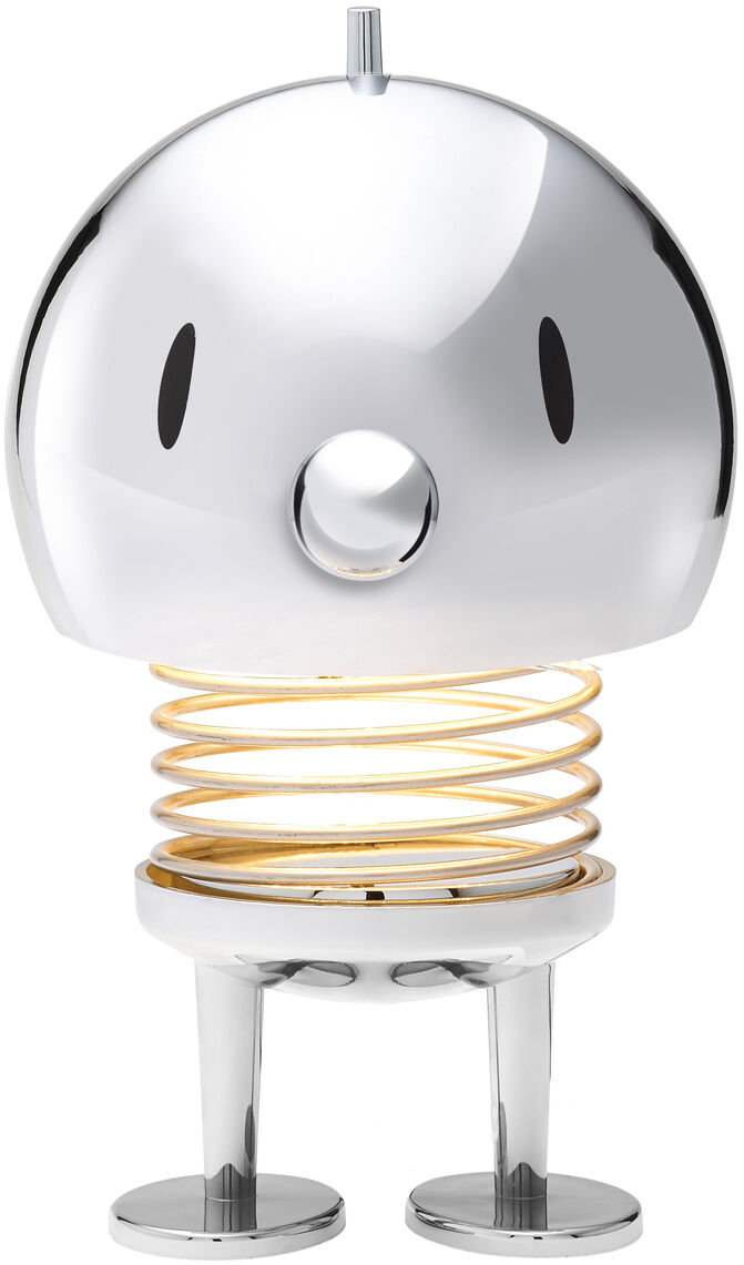 Eine Hoptimist LED Lampe aus Chrom mit einem modernen, minimalistischen Design. Die Lampe hat einen runden Kopf, der auf einer spiralförmigen Basis sitzt und als dekoratives Wohnaccessoire dient. Die Hauptfarben sind Chrom/Silber und Gold.