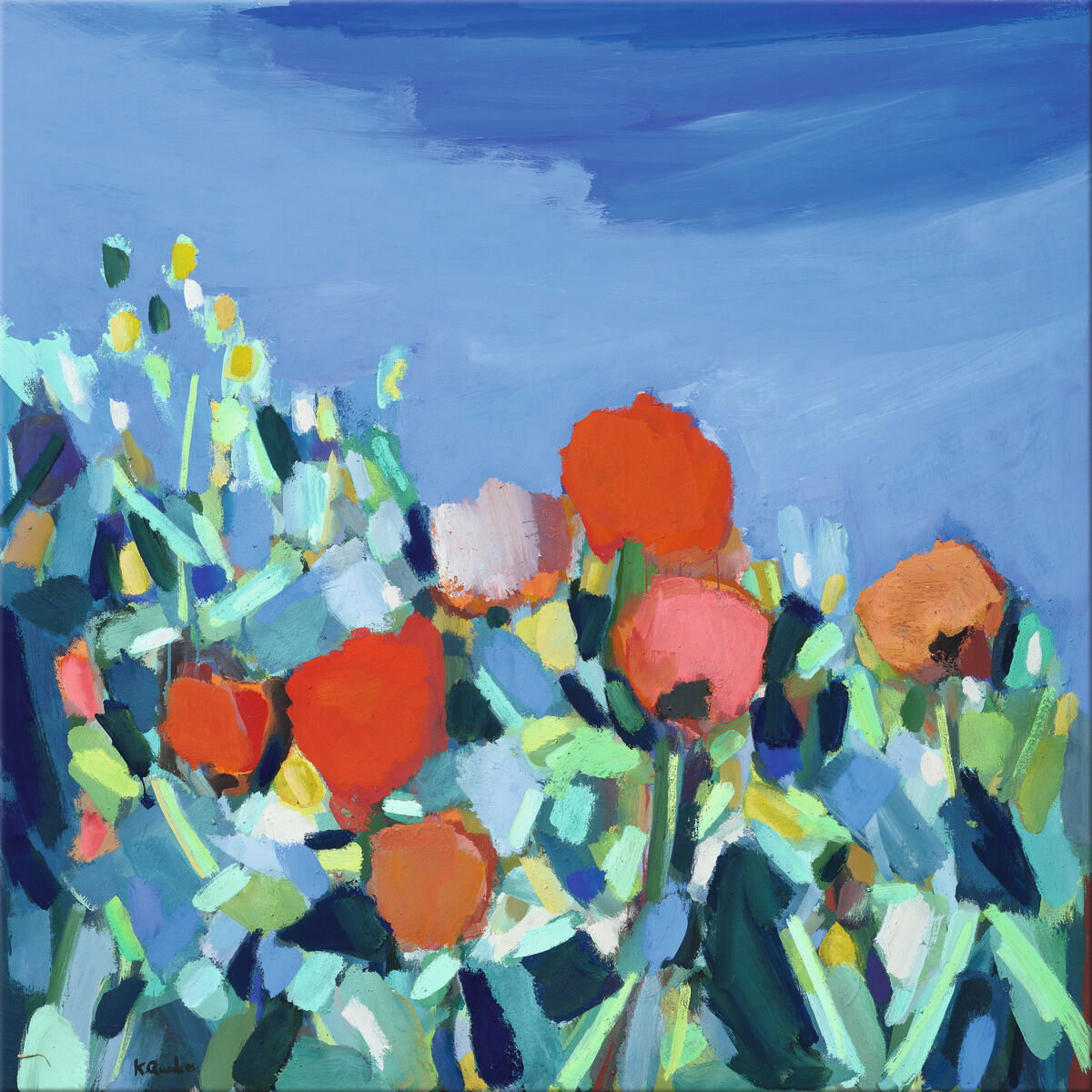 Ein abstraktes Gemälde von Kai Quedens mit kräftigen Farben. Vor einem blauen Hintergrund sind verschiedenfarbige Blüten und grüne Blätter zu sehen.