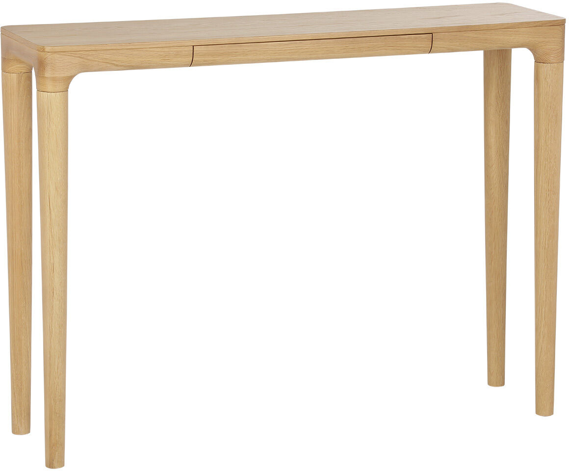 Schlanker Konsolentisch aus massiver Eiche mit klaren, abgerundeten Kanten und vier schmalen, konisch zulaufenden Beinen. Dezente stoffausgekleidete Schublade unter der glatten Tischplatte, ideal für Flur, Wohn- oder Esszimmer im skandinavischen Stil.