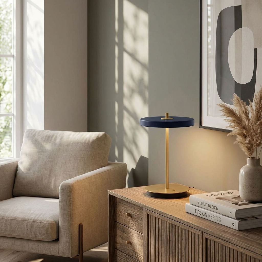 Die ZEIT-Sonderedition der Tischleuchte »Asteria Move« von Umage steht in Brass & Midnight Blue auf einem Holzsideboard. Die Lampe leuchtet warmweiß, daneben liegen Designbücher und eine Vase mit Trockenblumen. Im Hintergrund ein moderner Sessel und abstrakte Wandkunst.