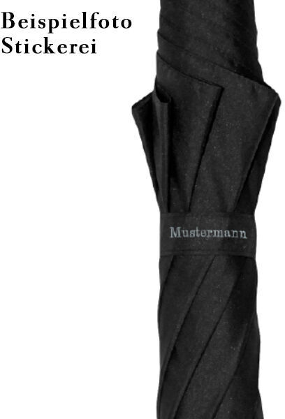 Ein stilvoller, geschlossener schwarzer Regenschirm mit dem Aufdruck »Mustername«.