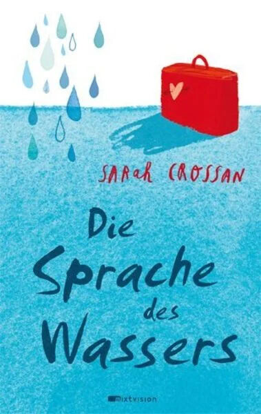 Buchcover von 'Die Sprache des Wassers' von Sarah Crossan. Oben sind mehrere Wassertropfen, darunter Name der Autorin in Rot sowie der Titel 'Die Sprache des Wassers' in großer blauer Schrift. Rechts oben symbolische rote Frauengeldbörse mit Herzlogo.