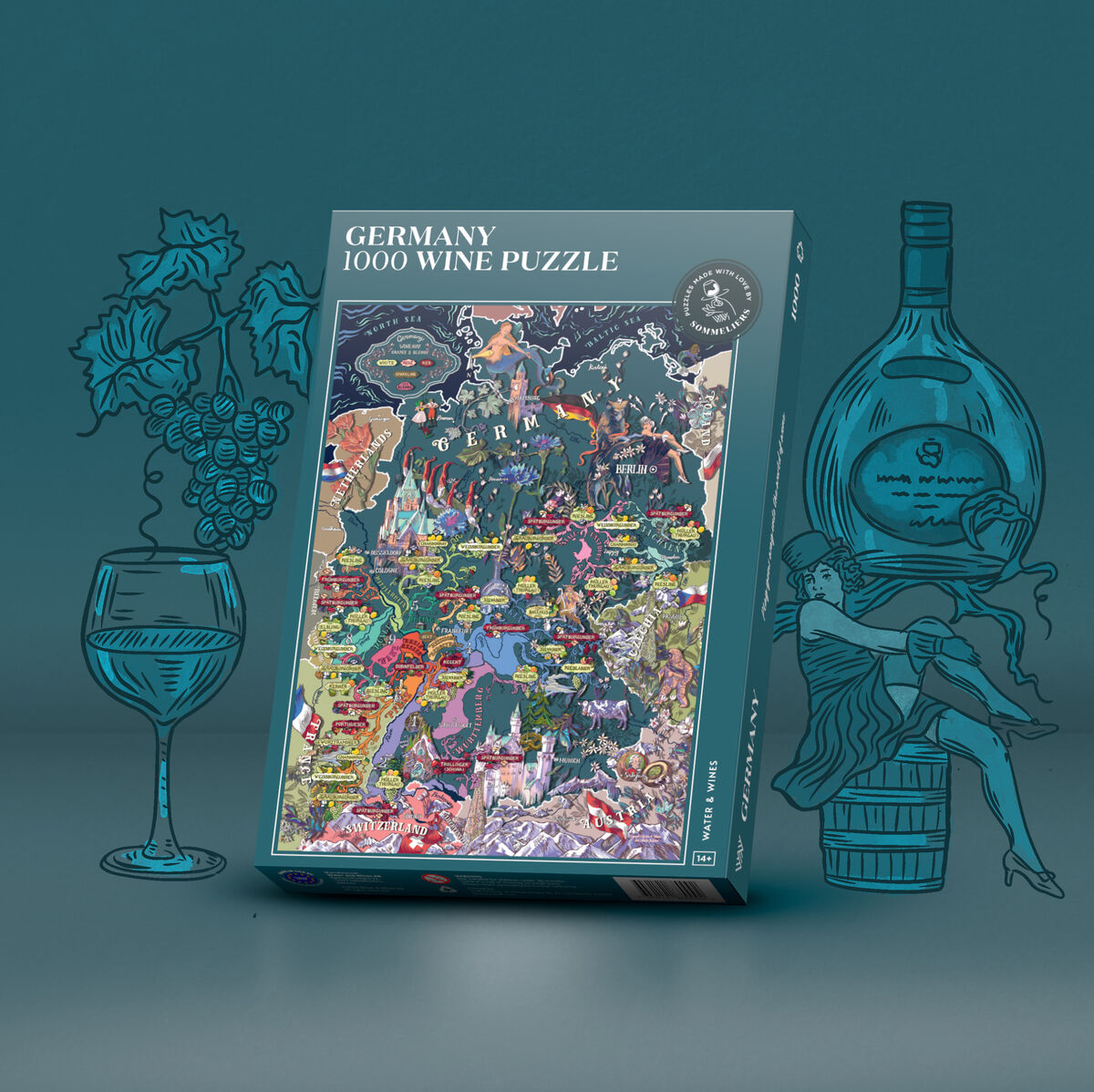 Ein Puzzle namens 'Wein Puzzle »Deutschland«': Die Verpackung zeigt eine detaillierte Kartendarstellung deutscher Weinregionen, mit Illustrationen von Weinflaschen und Weingläsern als Verzierung.