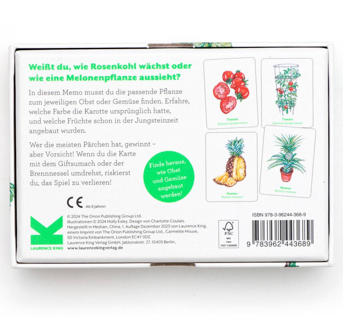 Memo-Spiel 'Obst und Gemüse' zeigt auf der Verpackung Illustrationen von verschiedenen Obst- und Gemüsesorten, wie Tomaten, Erdbeeren, und Ananas. Der Text erklärt das Spielprinzip und hebt die pädagogischen Vorteile hervor. Das Design ist farbenfroh mit grünen, roten und gelben Tönen auf einem weißen Hintergrund.