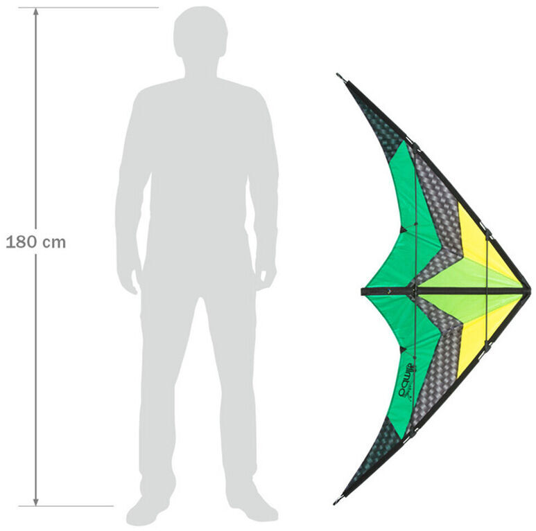 Ein Kinder-Lenkdrachen namens 'Limbo II Emerald' in den Farben Grün, Gelb und Schwarz, gezeigt neben der Silhouette eines 180 cm großen Menschen zum Größenvergleich.