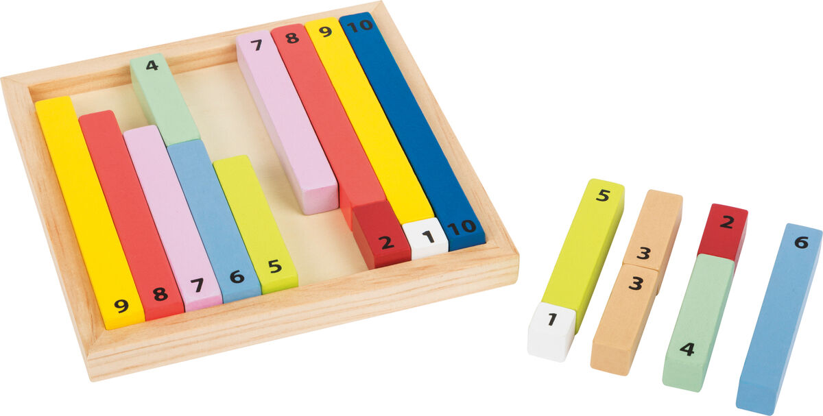 Ein Set aus farbigen Rechenstäbchen in verschiedenen Längen und Farben. Das Set, unter dem Namen „Rechenstäbchen »Educate«“, besteht aus einem hölzernen Rahmen und einzelnen Stäbchen von eins bis zehn in verschiedenen Farben wie Blau, Rot, Gelb, Grün, Rosa und mehr. Die Stäbchen sind numerisch beschriftet und dienen als pädagogisches Werkzeug für Kinder.