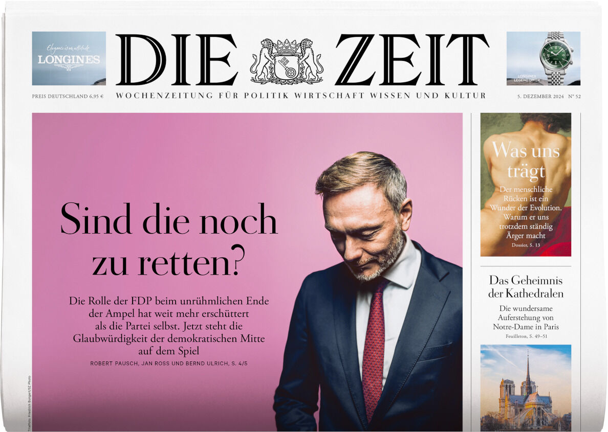 Titelseite der deutschen Wochenzeitung 'DIE ZEIT' Ausgabe 52/2024, mit einem Titel über die FDP und politischer Diskussion. Ein Mann steht nachdenklich auf einem rosa Hintergrund. Enthält auch Werbeanzeigen und weitere Artikelankündigungen.