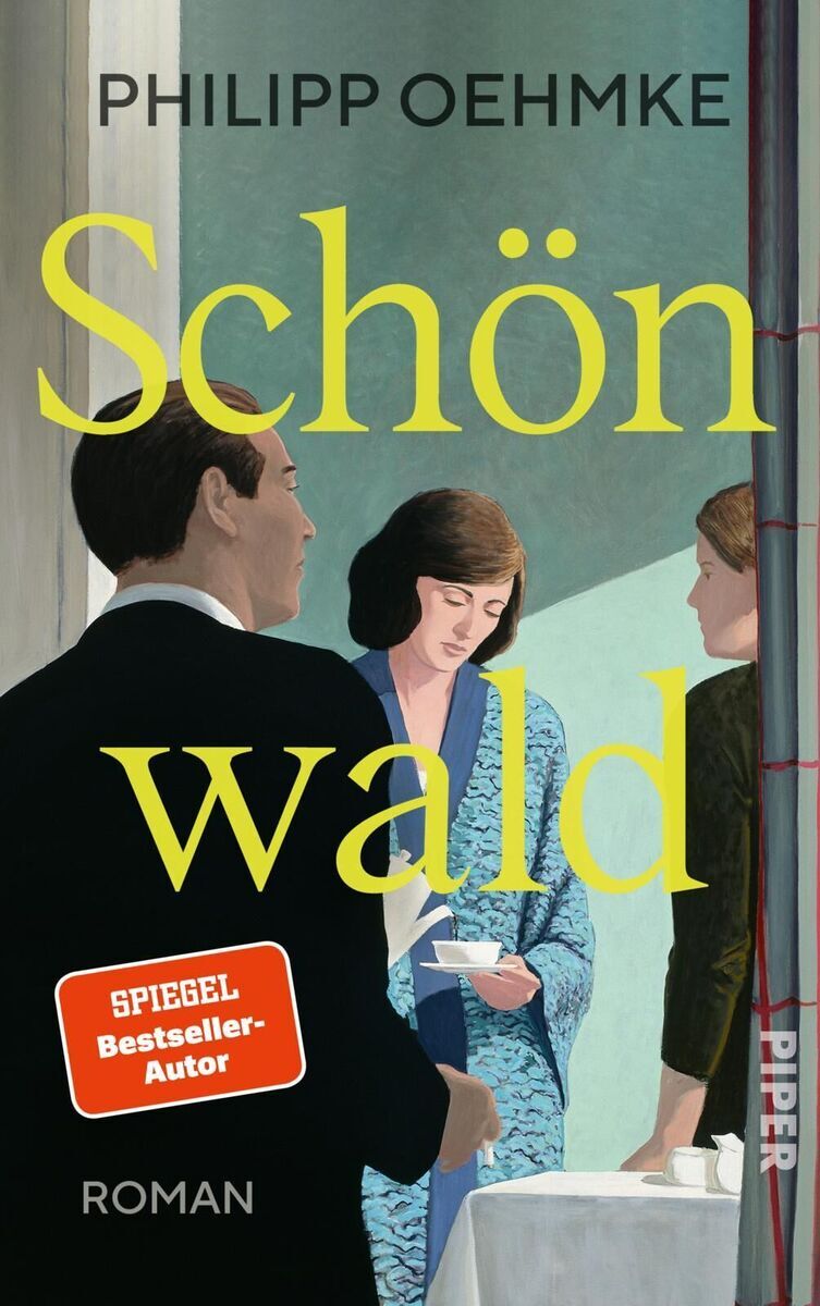 Das Buchcover von 'Schönwald' von Philipp Oehmke zeigt drei Personen, die miteinander bei einer Veranstaltung sprechen. Der Titel und der Name des Autors sind in gelber und weißer Schrift auf dem Cover abgebildet. Ein rotes Abzeichen weist darauf hin, dass der Autor ein 'Spiegel Bestseller' ist.
