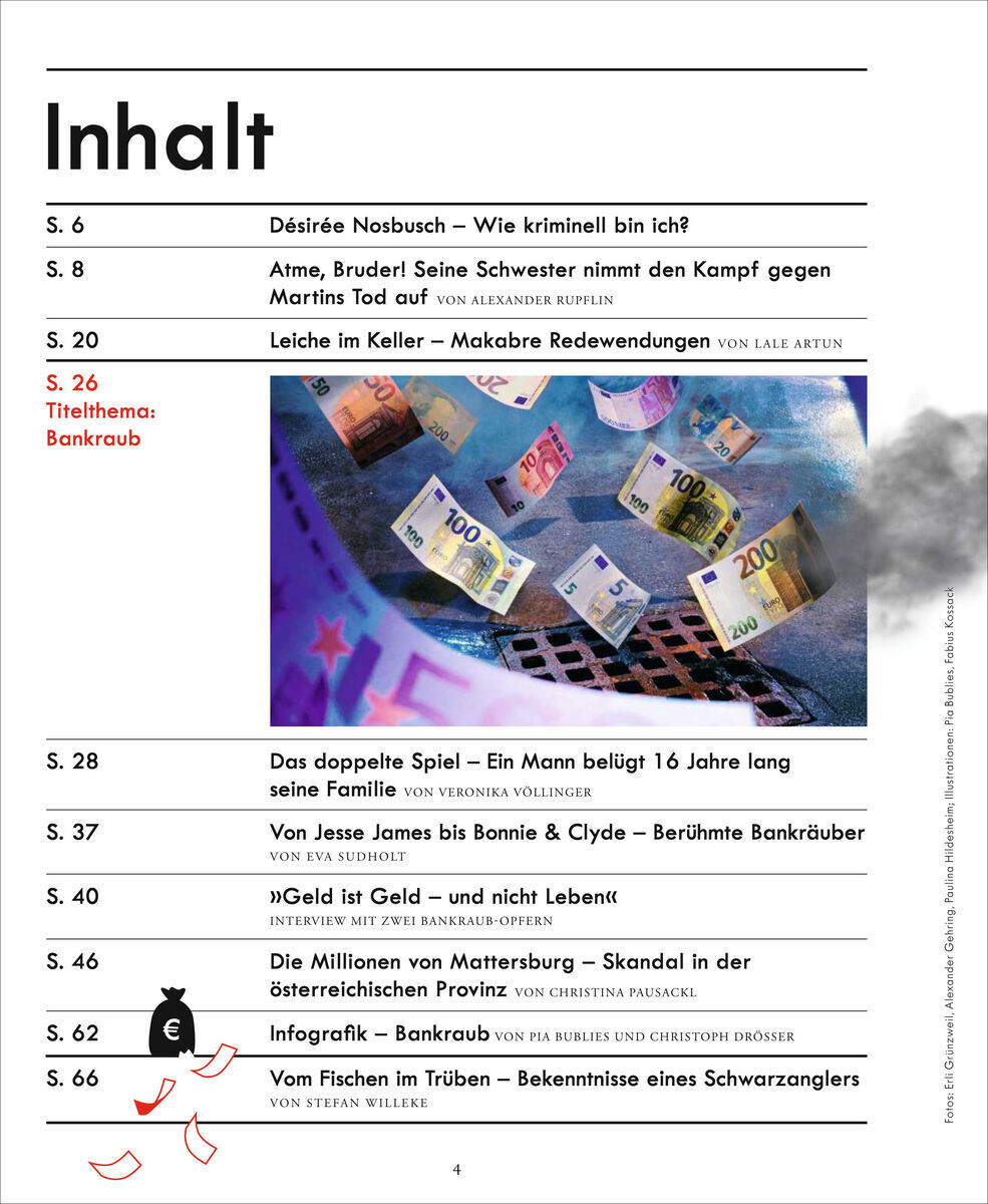 Das Bild zeigt das Inhaltsverzeichnis der Ausgabe „ZEIT VERBRECHEN 17/22“. Die Themen umfassen u.a. Bankraub, Drogen, und verschiedene Kriminalfälle. Am unteren Rand sind Farbgrafiken abgebildet.