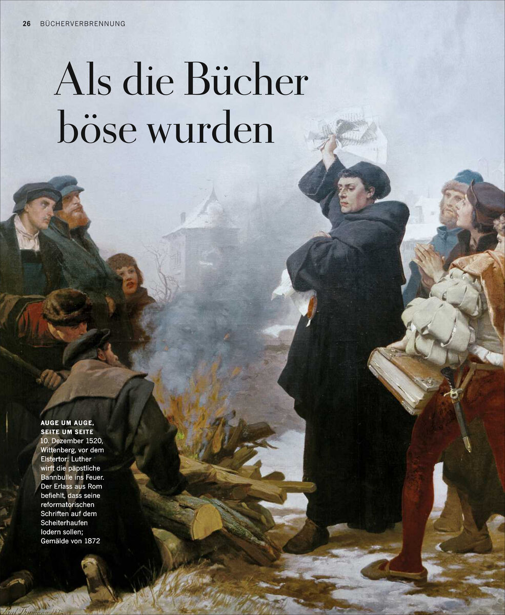 Historisches Gemälde einer Gruppe von Menschen, darunter Martin Luther, der Bücher auf einem Scheiterhaufen verbrennt. Der Text auf dem Bild lautet 'Als die Bücher böse wurden'.
