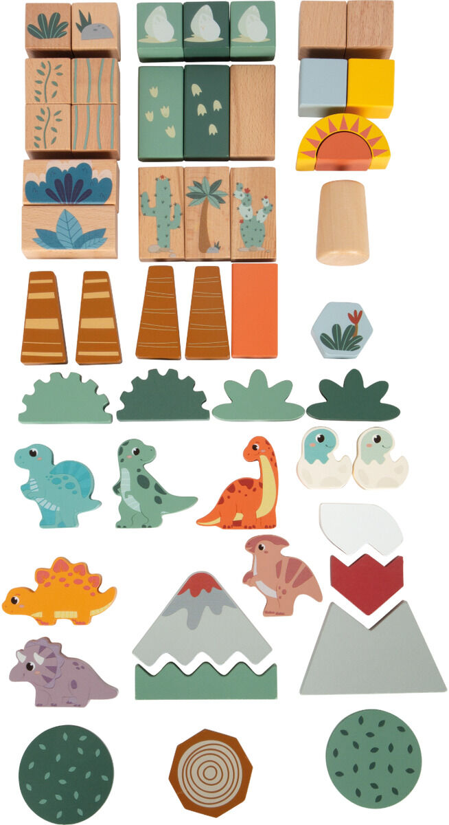 Ein Set aus bunten Holzbausteinen in verschiedenen Formen mit Dinosauriermotiven. Das Spielzeug eignet sich besonders für Kinder und fördert Kreativität und Motorik.