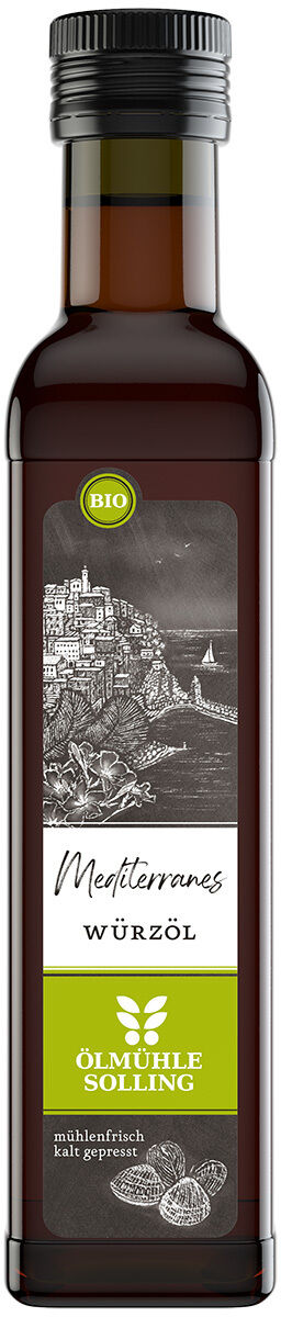 Braune 250ml-Glasflasche mit schwarzem Schraubdeckel und rechteckigem Etikett; Motiv mediterrane Küstenlandschaft in Weiß-Grau, darunter Aufschrift „Mediterranes Würzöl“, unten grünes Feld mit Ölmühle Solling-Logo und Bio-Hinweis. Modernes, appetitliches Design.