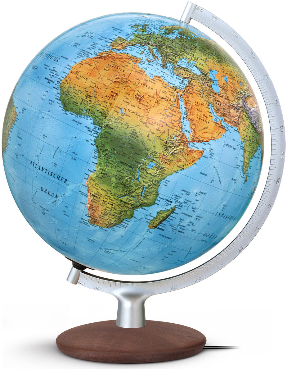 Ein handkaschierter Globus der Sonderedition steht auf einem braunen Holzfuß mit silbernem Standfuß und silberner Meridianhalterung. Die Karte zeigt detailliert Länder, Meere und Kontinente mit farbigen Reliefs auf hellblauem Ozeanhintergrund. Der Globus ist hochwertig verarbeitet und dekorativ.