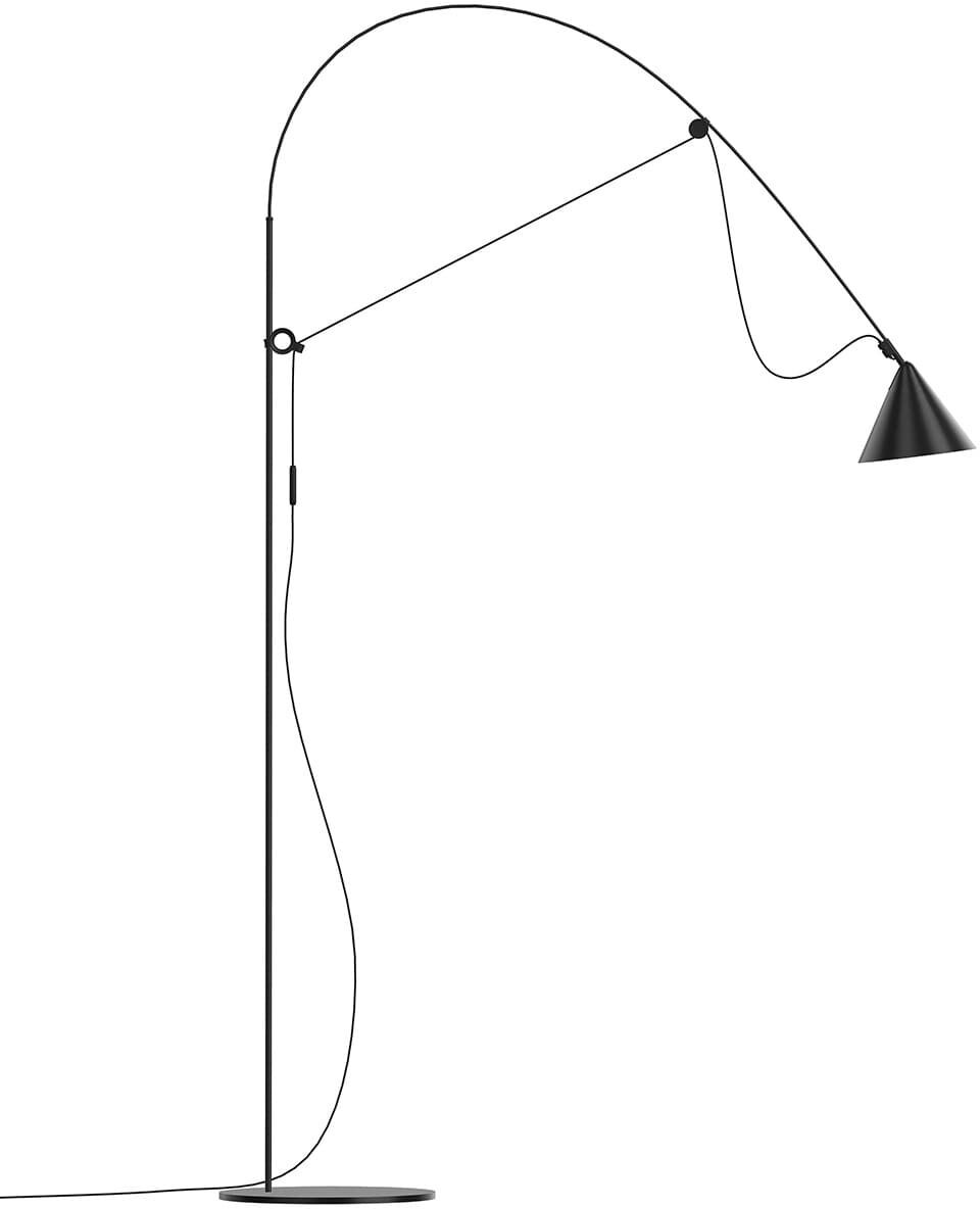 Stehlampe »AYNO« mit einem modernen, minimalistischen Design in schwarzer Farbe. Die Lampe hat einen gebogenen Arm und eine kegelförmige Leuchte, die an einem verstellbaren Kabel hängt.