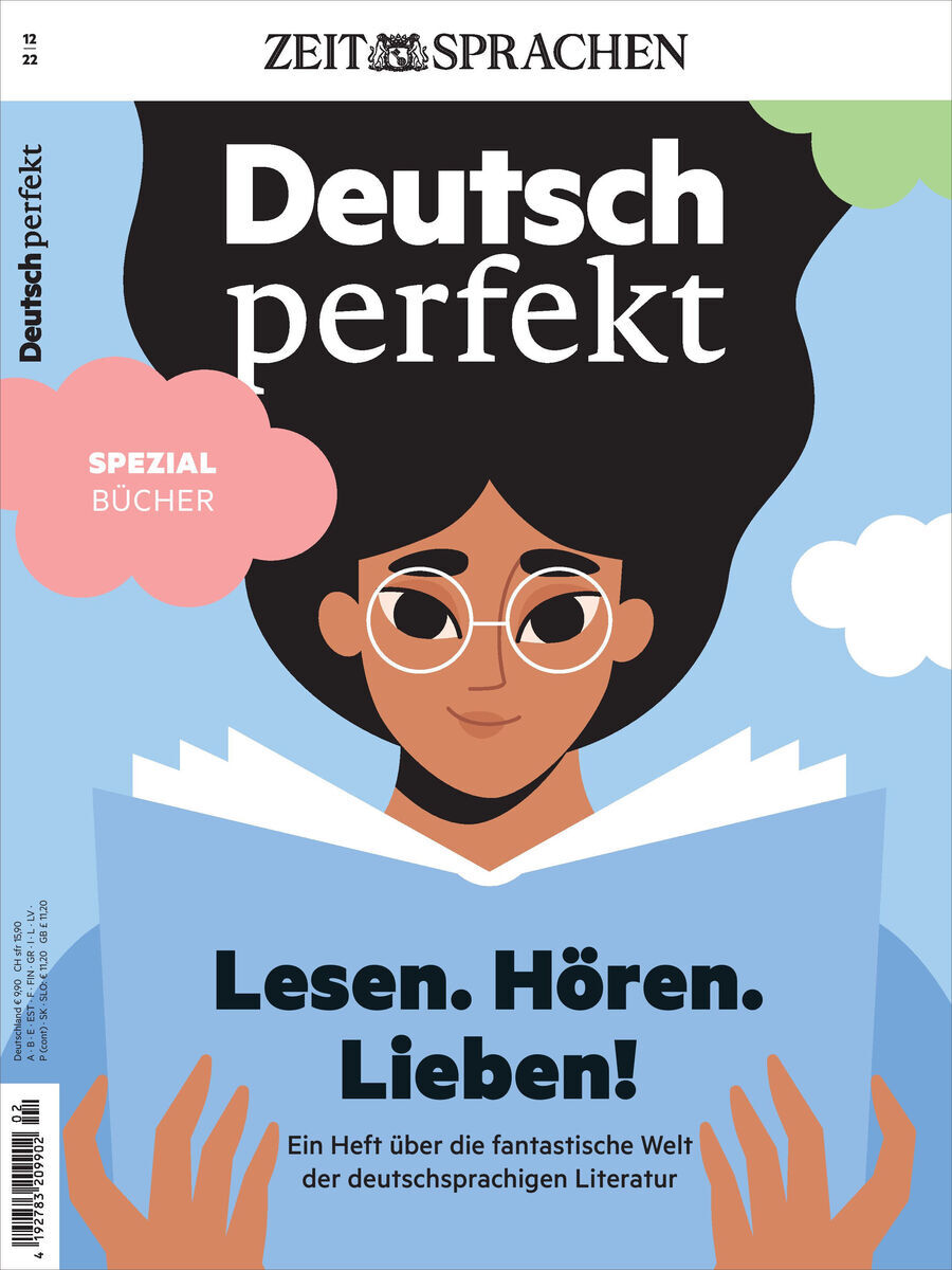 Deutsch perfekt Heft 12/2022 Sonderausgabe. Eine Zeichnung einer Frau mit dunklem Haar und Brille liest ein Buch. Der Text auf dem Cover lautet: 'Deutsch perfekt', 'Spezial Bücher', 'Lesen. Hören. Lieben! Ein Heft über die fantastische Welt der deutschsprachigen Literatur'.