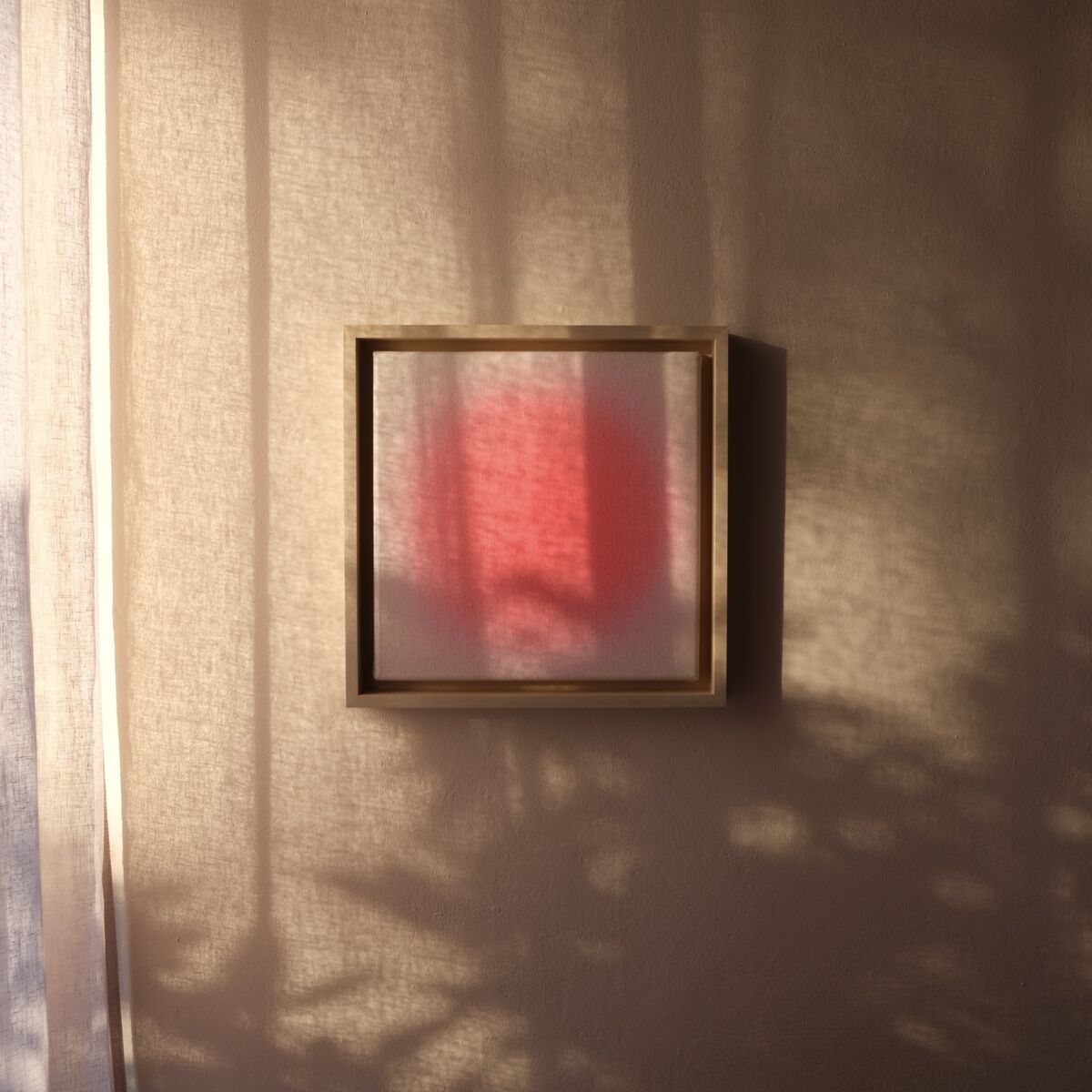Quadratisches gerahmtes Kunstwerk mit rotem Farbfeld auf zartem, hellrosa Hintergrund, das an einer beige Wand hängt. Sonnenlicht und Schatten von Pflanzen erzeugen ein sanftes, atmosphärisches Lichtspiel auf der Wand.