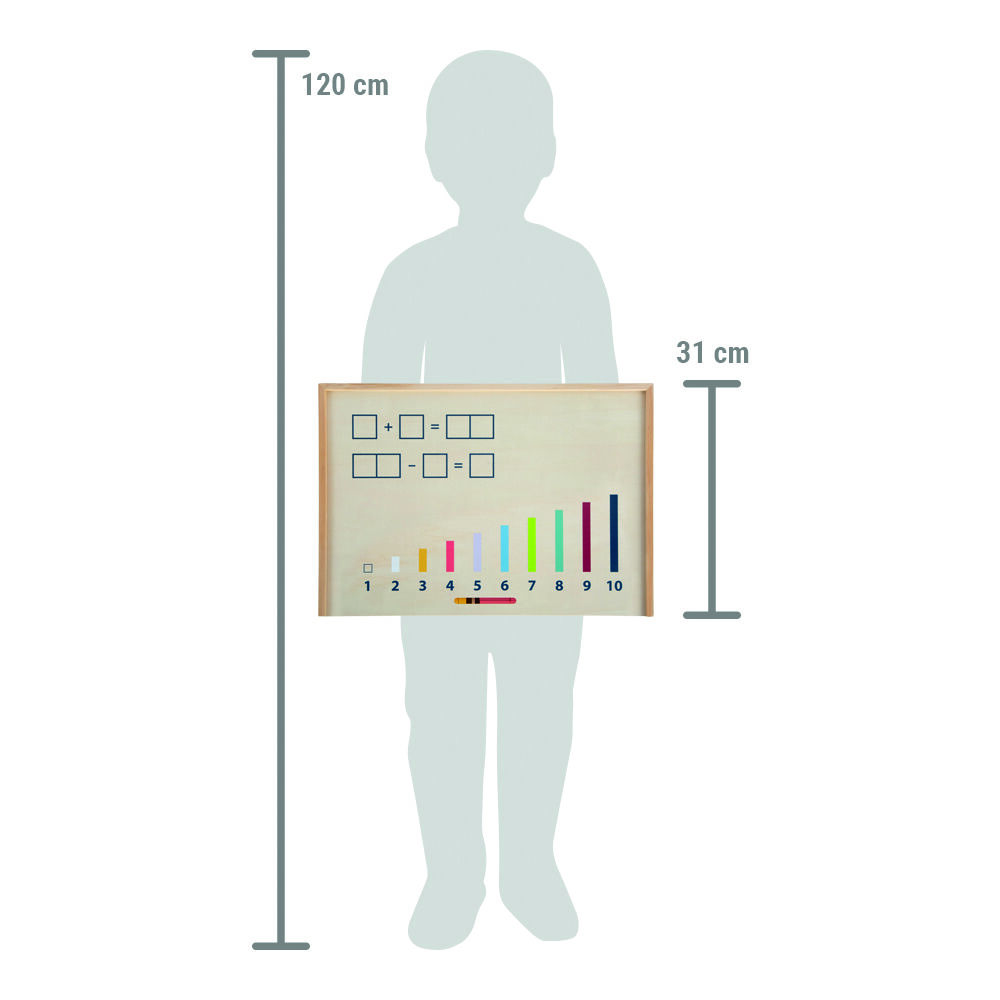 Holz-Lernbox mit bunten Rechenstäbchen und Zahlen von 1 bis 10, angeordnet auf einem Tablett mit aufgedruckten Mathematikaufgaben, geeignet für Kinder zur Förderung des mathematischen Verständnisses.