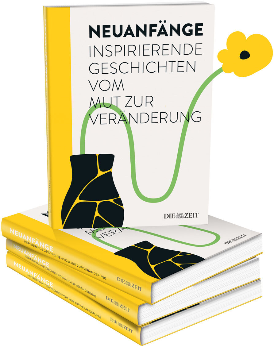 Ein Stapel von Büchern mit dem Titel 'Neuanfänge: Inspirierende Geschichten vom Mut zur Veränderung' aus der ZEIT-Edition. Das Cover zeigt eine minimalistische Illustration mit einer gelben Blume und abstrakter Kunst. Die Hauptfarben sind Gelb, Schwarz, Weiß und Grün.