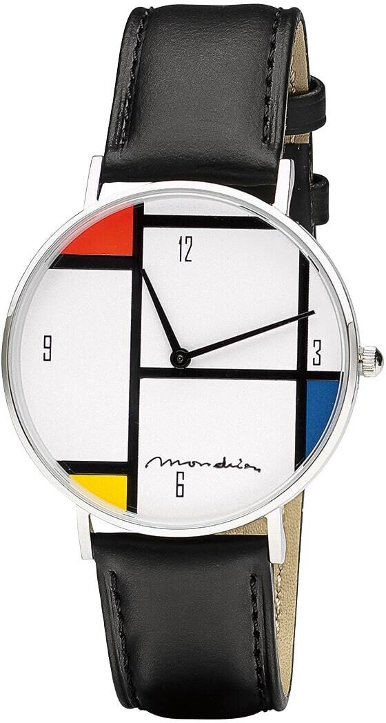 Künstler-Armbanduhr »Tableau Nr. IV« nach Mondrian mit schwarzem Lederarmband und geometrischem Design in Schwarz, Weiß, Rot, Blau und Gelb.