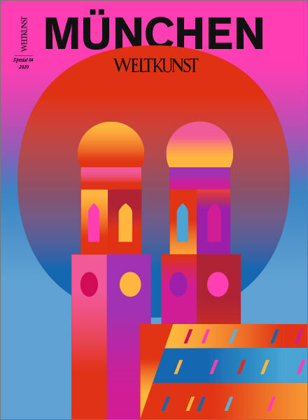 Titelbild des Sonderhefts WELTKUNST 177/20 mit dem Thema München. Das Cover zeigt eine farbenfrohe Illustration der Frauenkirche vor einem Hintergrund in Pink, Blau, Rot, Orange und Gelb.