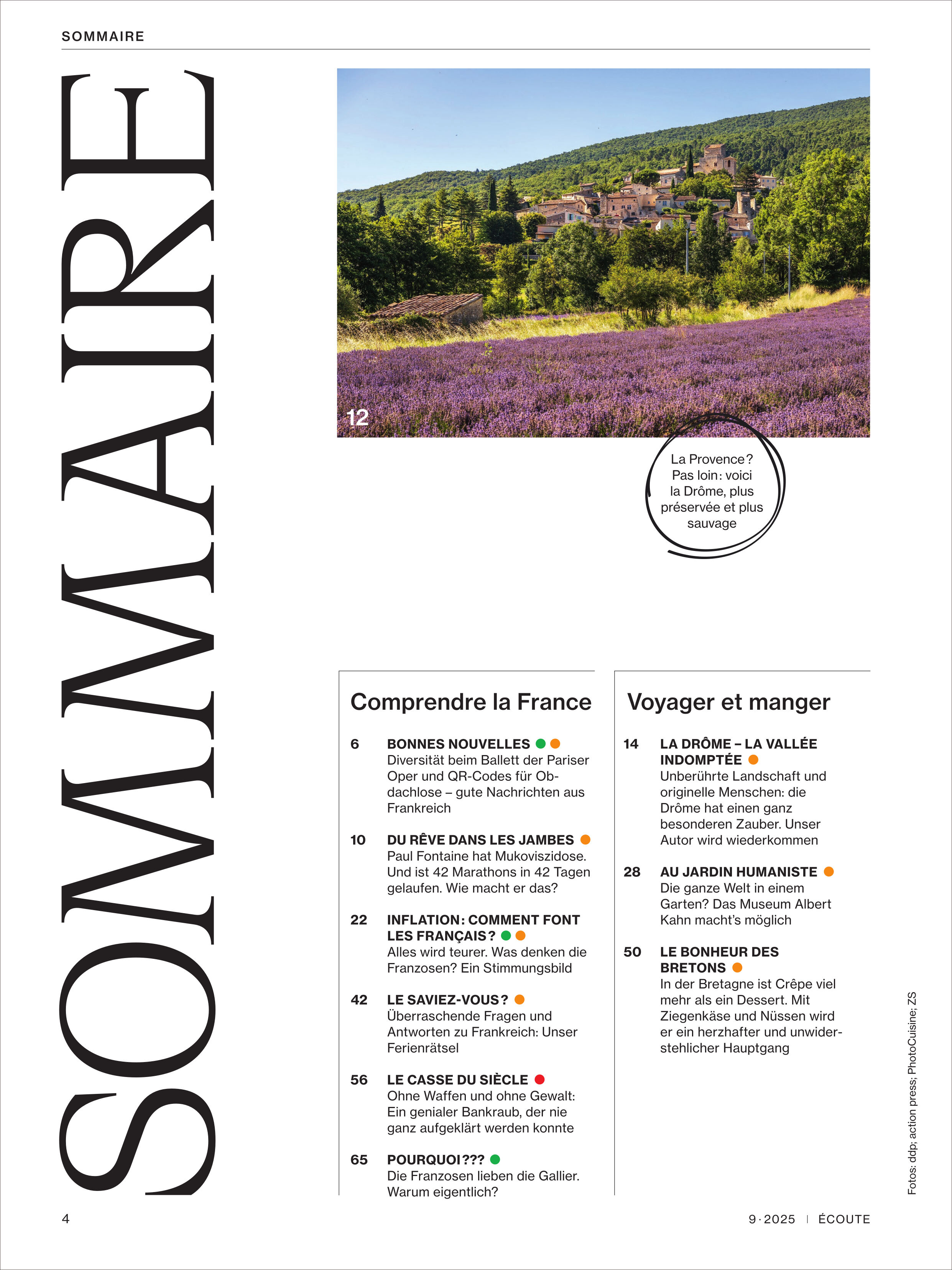 Das Titelbild des Écoute Magazins 9/2025 zeigt eine weite lila Lavendellandschaft mit einem französischen Dorf und bewaldeten Hügeln im Hintergrund. Die Magazinausgabe beinhaltet Themen zu Frankreich, französischer Sprache, Reisen, Genuss und Kultur, präsentiert auf einer modern gestalteten Inhaltsseite.