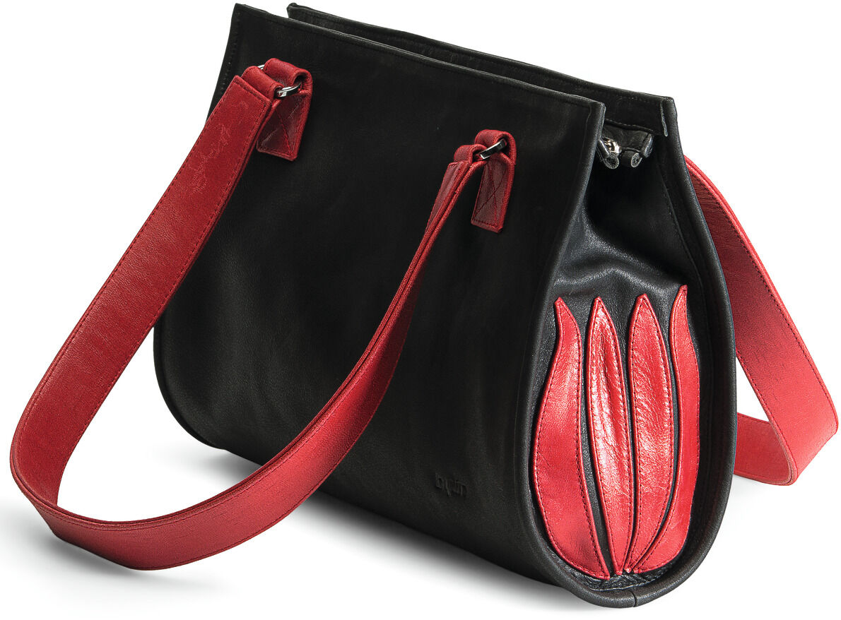 Schwarze und rote Handtasche 'Black and Red Tulip' von Linde Van der Poel mit Tulpenmotiv und eleganten Design.