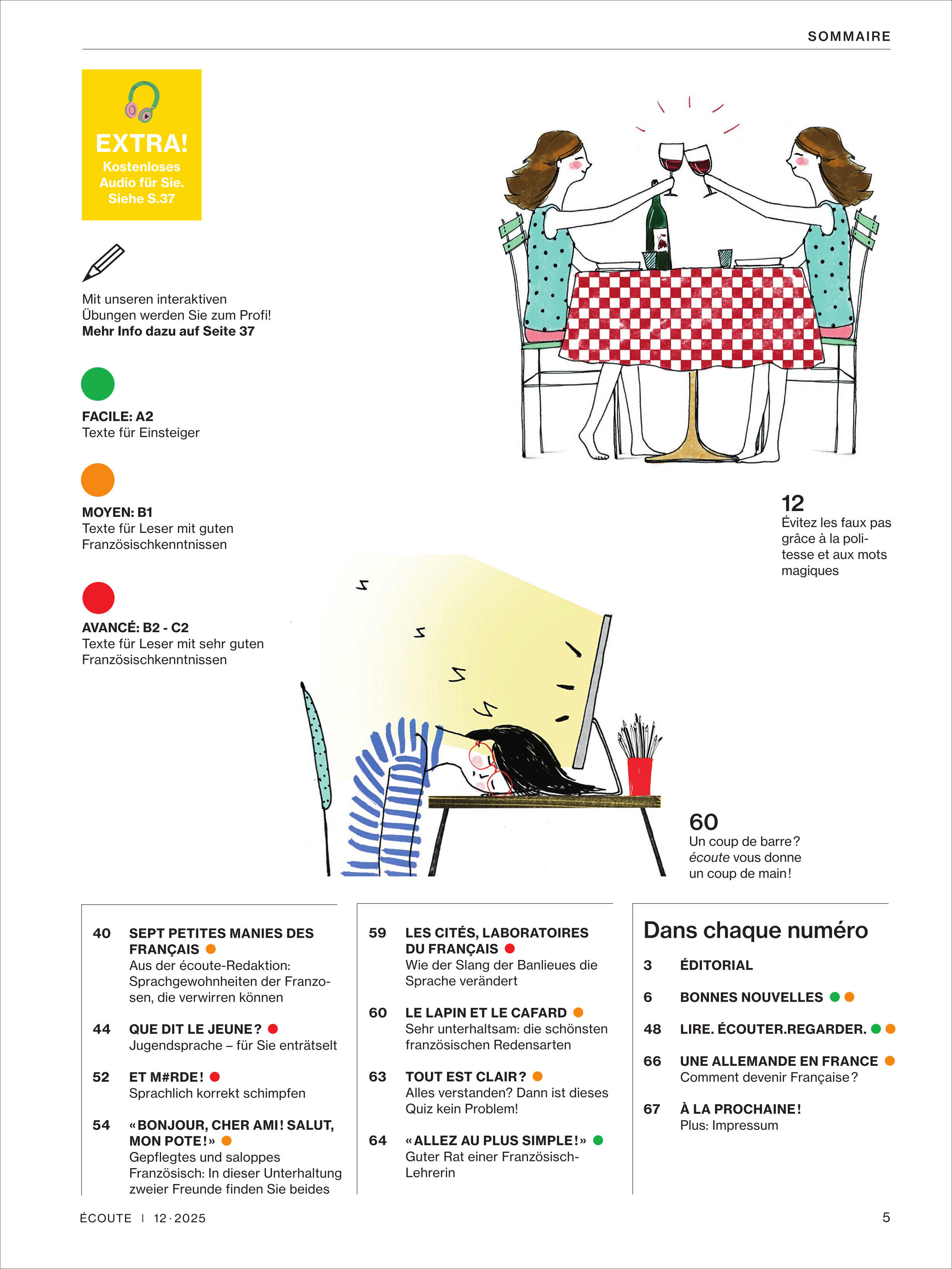 Das Cover der Sonderausgabe des Écoute Magazins von Dezember 2025 zeigt eine Illustration von zwei Personen, die an einem rot-weiß karierten Tisch mit einem Glas Wein anstoßen. Darunter befindet sich eine weitere Illustration einer Person, die über einem Heft am Tisch sitzt. Die Seite enthält Überschriften, Text in deutscher und französischer Sprache sowie weitere kleine Illustrationen. Die Farbgestaltung ist überwiegend weiß, rot, gelb und grün.