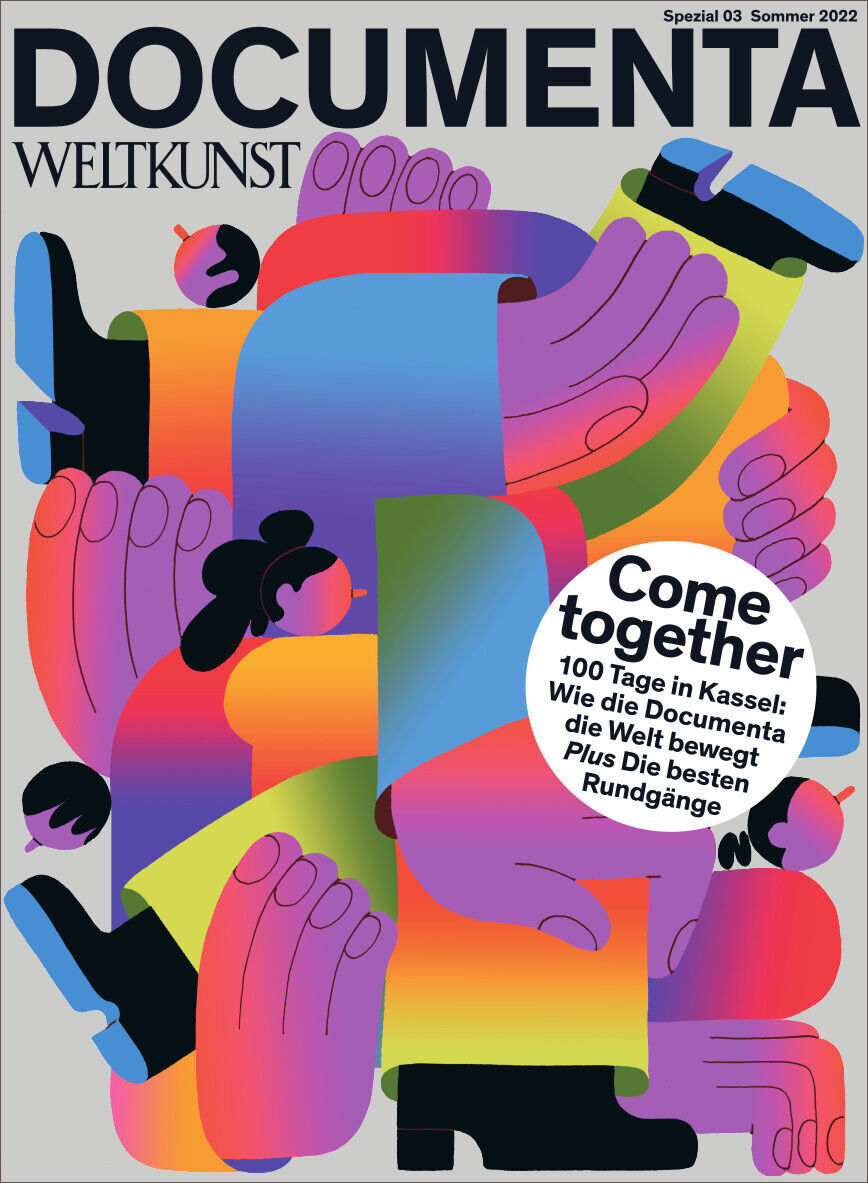 Cover des Magazins WELTKUNST 201/22 Sonderheft Documenta Spezial Sommer 2022. Es zeigt ein buntes, abstraktes Design mit diversen überlappenden Formen und Figuren, sowie den Text ‚Come together. 100 Tage in Kassel: Wie die Documenta die Welt bewegt. Plus Die besten Rundgänge‘.