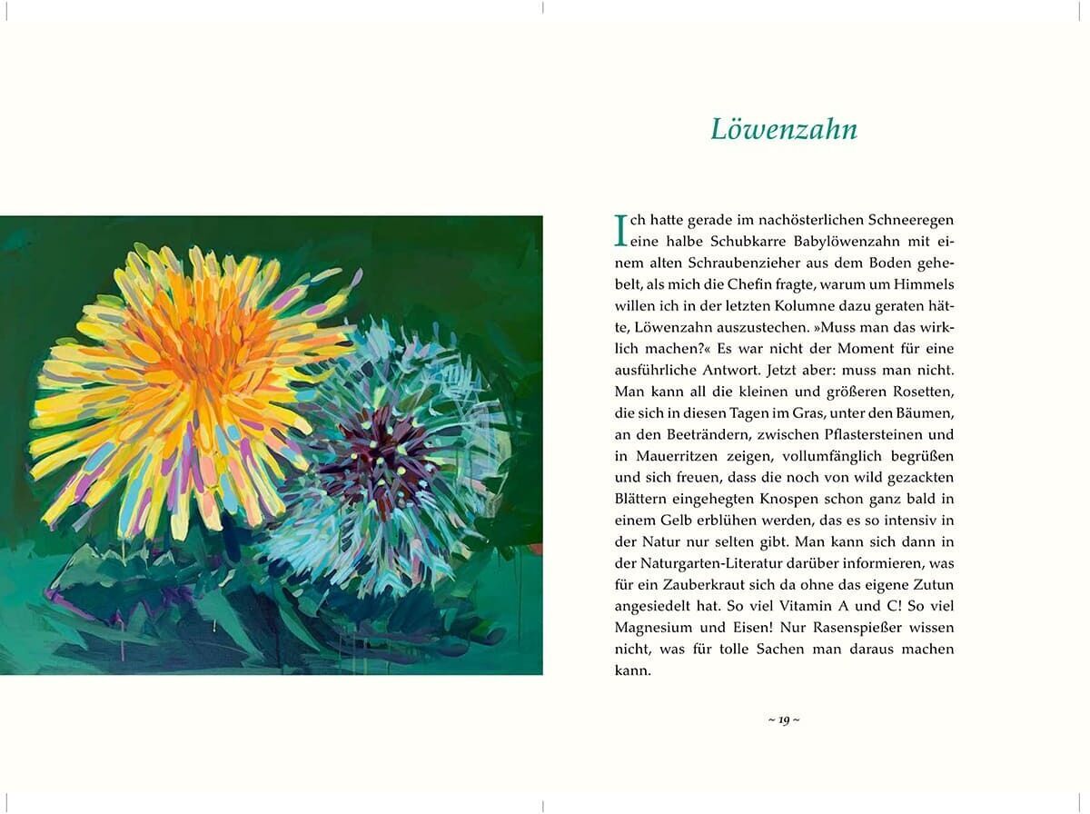Illustration eines Löwenzahns aus einem Buch. Der Löwenzahn ist in leuchtenden Gelb- und Grüntönen gezeichnet, umgeben von verschiedenen anderen Pflanzen. Der Text auf der Seite beschreibt den Löwenzahn in einer ansprechenden, unterhaltsamen Weise.