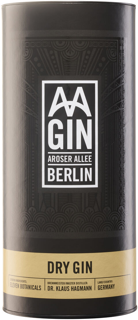 Das Bild zeigt ein Set bestehend aus einer stilvollen schwarzen Dose mit der Aufschrift 'AAGIN Aroser Allee Berlin Dry Gin' und einem Glas. Die Dose hat goldene und weiße Details und vermittelt einen hochwertigen Eindruck.