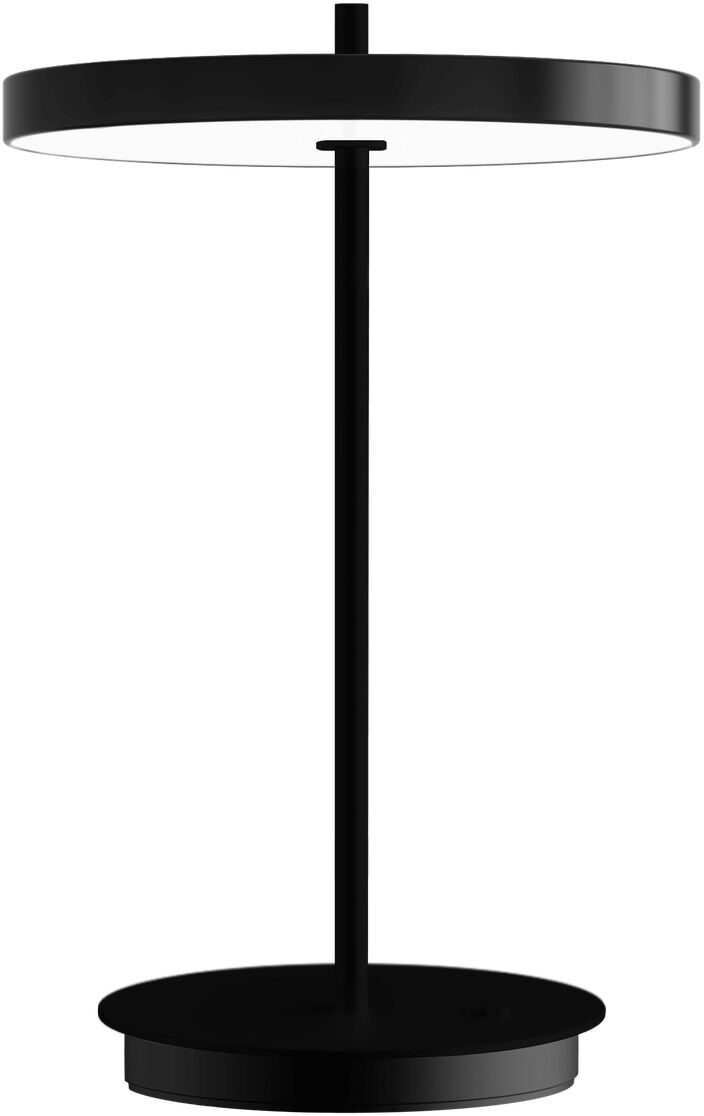 Moderne Tischlampe Asteria Move in Schwarz mit rundem, minimalistischem Design und integriertem LED-Licht auf weißem Hintergrund, ideal für stilvolle Innenräume.