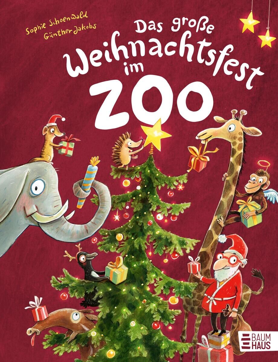 Ein farbenfrohes Kinderbuchcover mit dem Titel 'Das große Weihnachtsfest im Zoo'. Darauf sind ein geschmückter Weihnachtsbaum, fröhliche Tiere wie Elefant, Giraffe und Affen sowie ein Weihnachtsmann zu sehen. Alle sind in festlicher Weihnachtsstimmung und umgeben von Geschenken.
