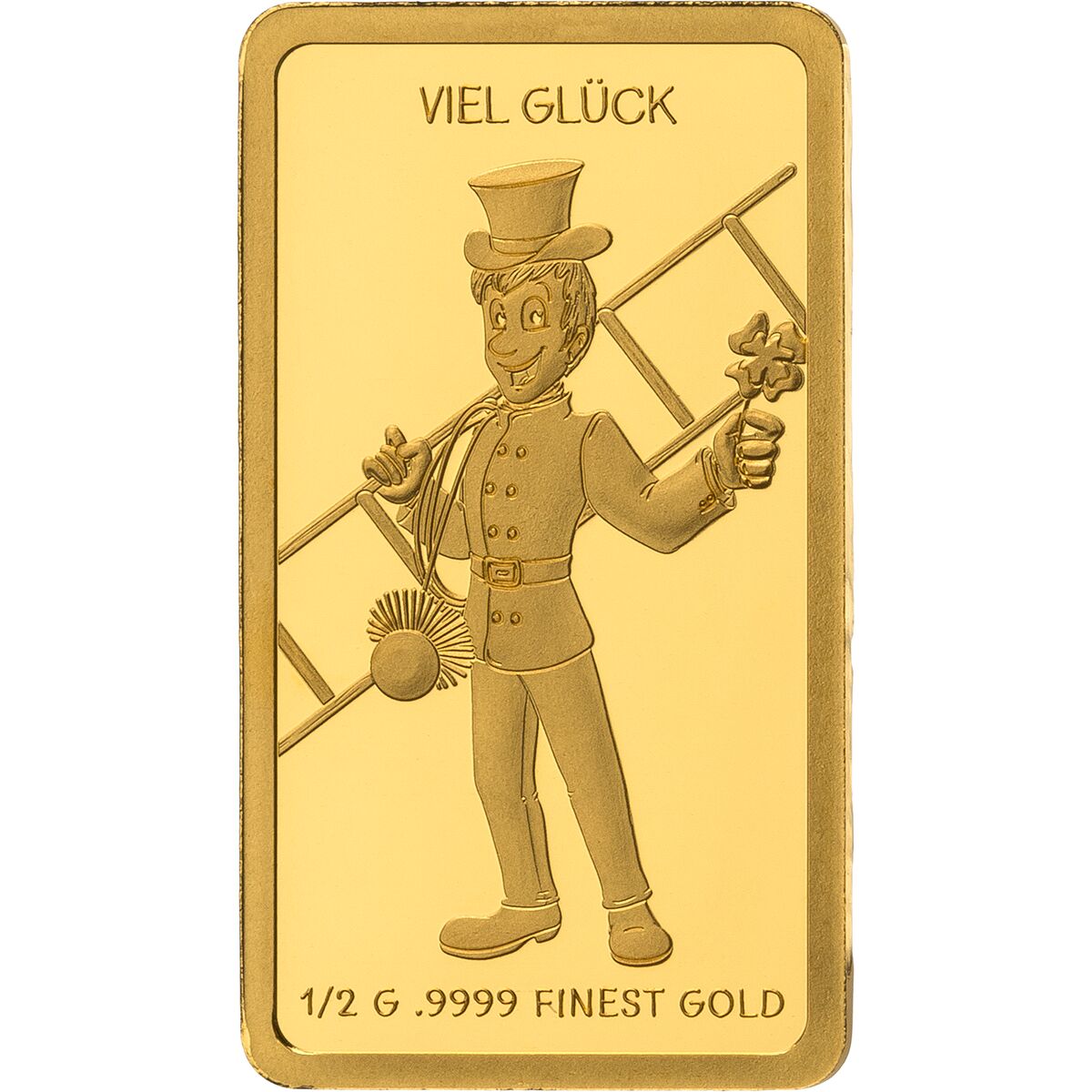 Rechteckiger Goldbarren mit der Gravur eines fröhlichen Schornsteinfegers in traditioneller Uniform mit Leiter und Kleeblatt. Am oberen Rand steht ‚Viel Glück‘, darunter Angaben zum Gewicht und Feingehalt des Goldes. Hintergrund und Kanten in glänzendem Goldton.