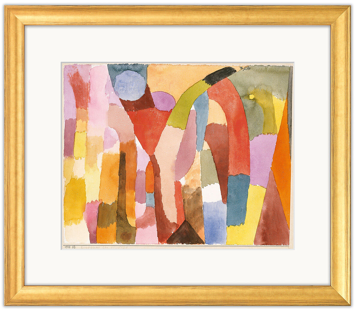 Kunstdruck „Bewegung der gewölbten Kammern“ von Paul Klee, 1915. Abstraktes Motiv mit geschwungenen, farbigen Flächen in Rot, Gelb, Rosa, Blau, Braun und Grün. Goldfarbener Rahmen, weißes Passepartout, modern und kunstvoll arrangiert.