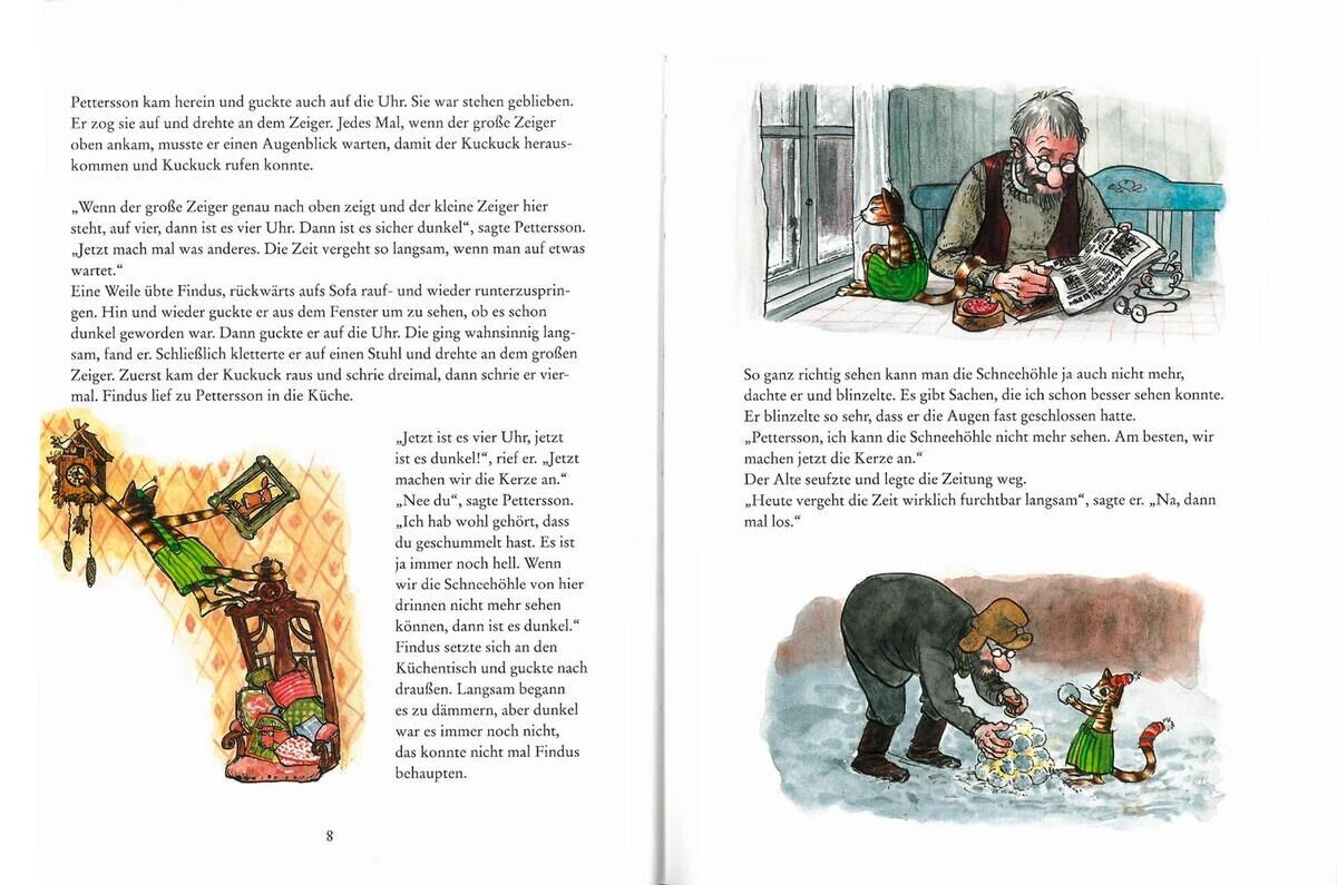 Ein Kinderbuch mit Illustrationen. Links eine volle Seite mit Text und einer bunten Zeichnung von Findus, der neben einem Turm aus Weihnachtsgeschenken sitzt. Rechts oben eine Illustration von Petterson, der Zeitung liest, während Findus ein Geschenk hält. Unten rechts eine Schneelandschaft mit Petterson und Findus.