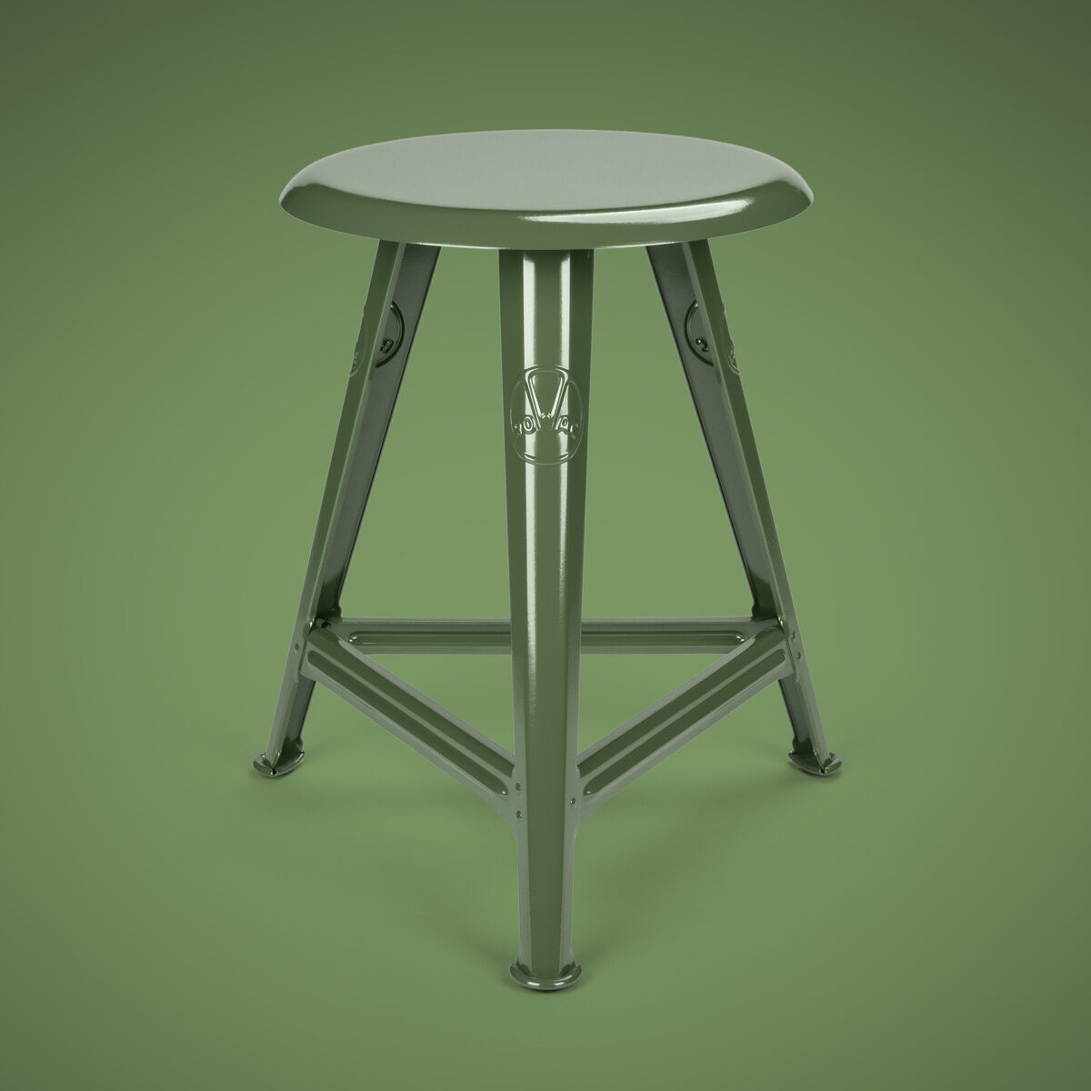 Der abgebildete Rowac-Schemel »Just Steel« in Mountain Green präsentiert sich aus glänzend pulverbeschichtetem Stahl, mit dreibeinigem Gestell und runder Sitzfläche. Das minimalistische, stabile Industriedesign eignet sich als Hocker oder Beistelltisch für stilbewusste Räume.