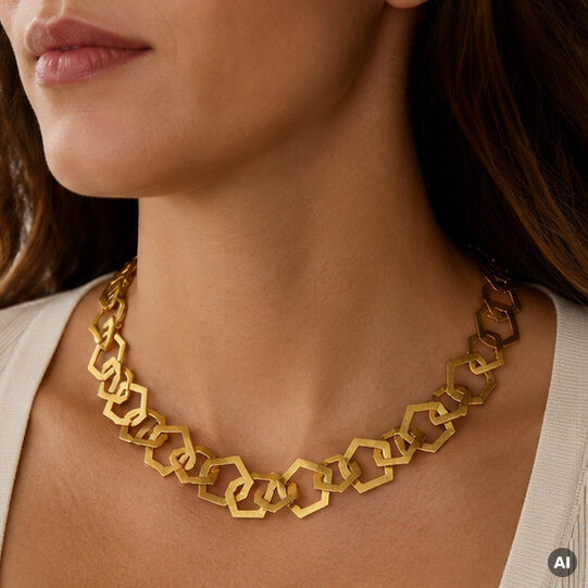 Großaufnahme einer Frau mit Collier »Rosa« von Ars mundi. Die Halskette besteht aus ineinander verschlungenen, geometrischen Gliedern aus goldfarbenem, 22-karätig vergoldetem Messing, setzt auf elegante, moderne Formen und wird auf heller Kleidung präsentiert.