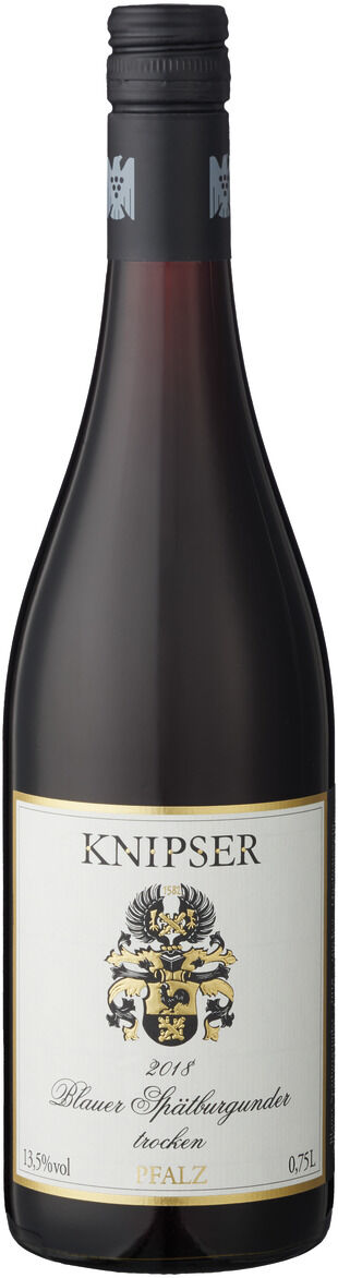 Eine Flasche Knipser Blauer Spätburgunder trocken 2018 aus der Pfalz. Die Weinflasche hat ein schwarzes Etikett mit goldenen und weißen Akzenten und einem schwarzen Schraubverschluss.
