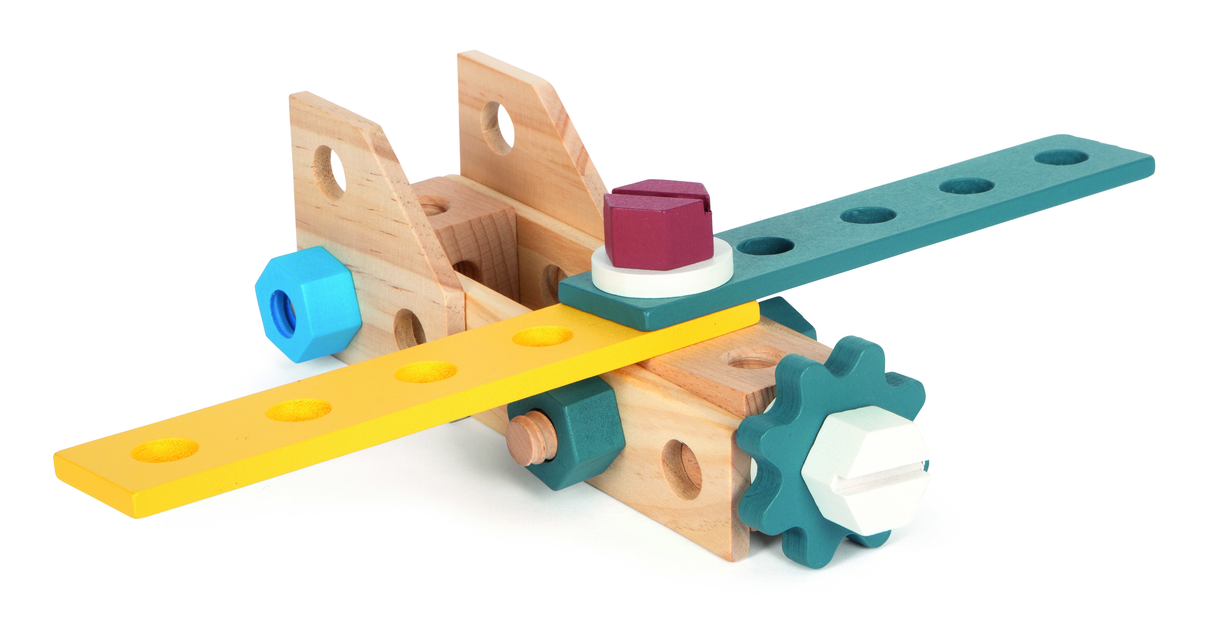 Holzspielzeug-Bauset bestehend aus mehreren farbigen Teilen und Zahnrädern, die zu einem kleinen Konstrukt zusammengefügt sind. Ideal für Kinder als Lern- und Entwicklungsspielzeug.