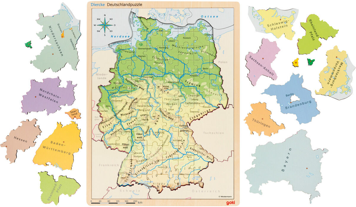 Ein Schichtenpuzzle von Deutschland, das die verschiedenen Bundesländer zeigt und aus bunten Puzzleteilen besteht. Das Puzzle dient als Lehrmaterial für Kinder, um geografische Kenntnisse über Deutschland zu erlangen.