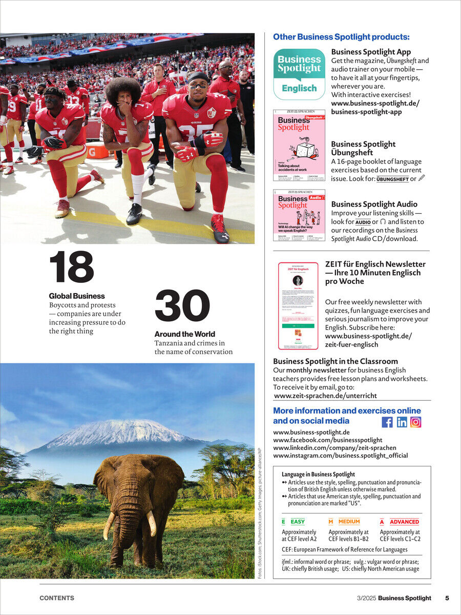 Seite des Business Spotlight Magazins 3/2025 mit Artikeln zu globalen Themen, Bildern von Sport und Natur, und Information über Sprachlernprodukte.