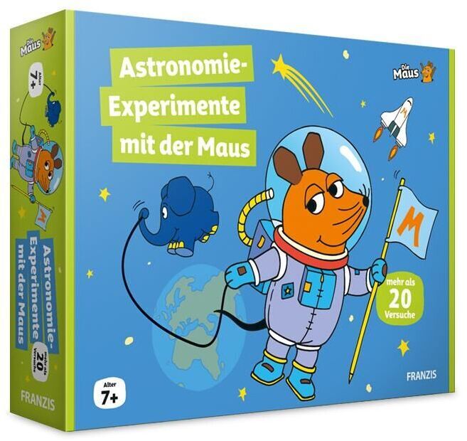 Die Verpackung des Spiels 'Astronomie-Experimente mit der Maus' zeigt die Figur der Maus als Astronauten, komplett mit Raumanzug und Helm, sowie die Weltkugel und Sterne im Hintergrund. Ein blauer Elefant schwebt im Raumanzug daneben. Das Set ist für Kinder ab 7 Jahren geeignet und enthält über 20 Experimente. Die Farben der Verpackung sind hauptsächlich Blau, Orange, Weiß und Gelb.