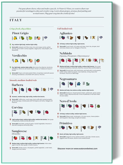 Das Wein Puzzle »Italien« zeigt detaillierte Beschreibungen und Illustrationen von italienischen Weinen und Weinregionen auf einem weiß-grünen Hintergrund.