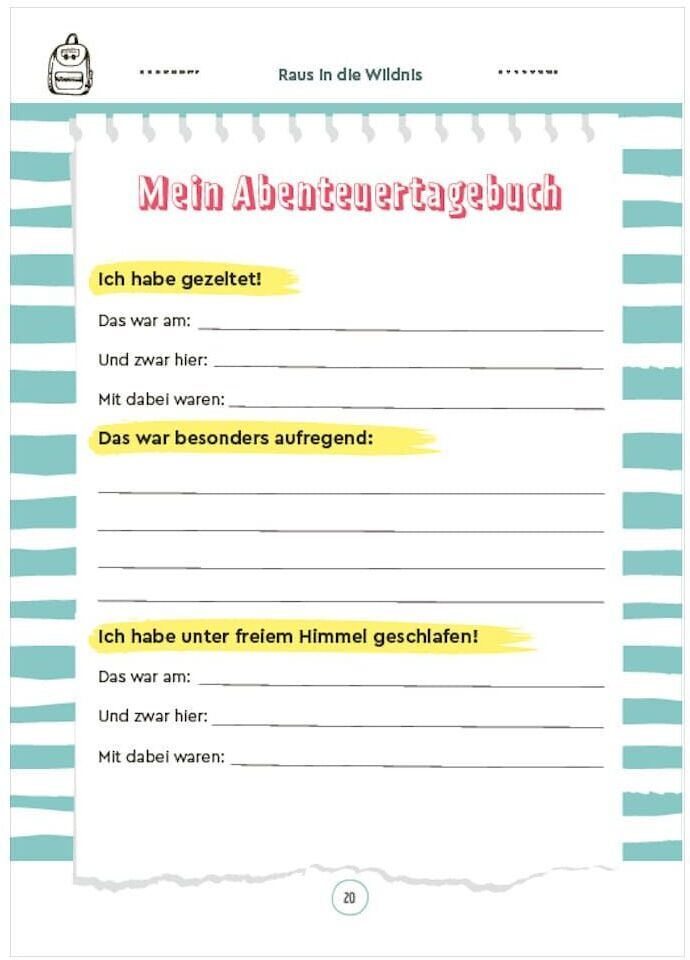 Seite eines ZEIT LEO-Outdoor-Erlebnisbuchs mit dem Titel 'Mein Abenteuertagebuch', das Felder zum Ausfüllen persönlicher Erlebnisse wie Zeltaufbauen und Schlafen unter freiem Himmel enthält. Das Design hat blaue und weiße Streifen im Hintergrund sowie gelbe Markierungen für die auszufüllenden Felder.