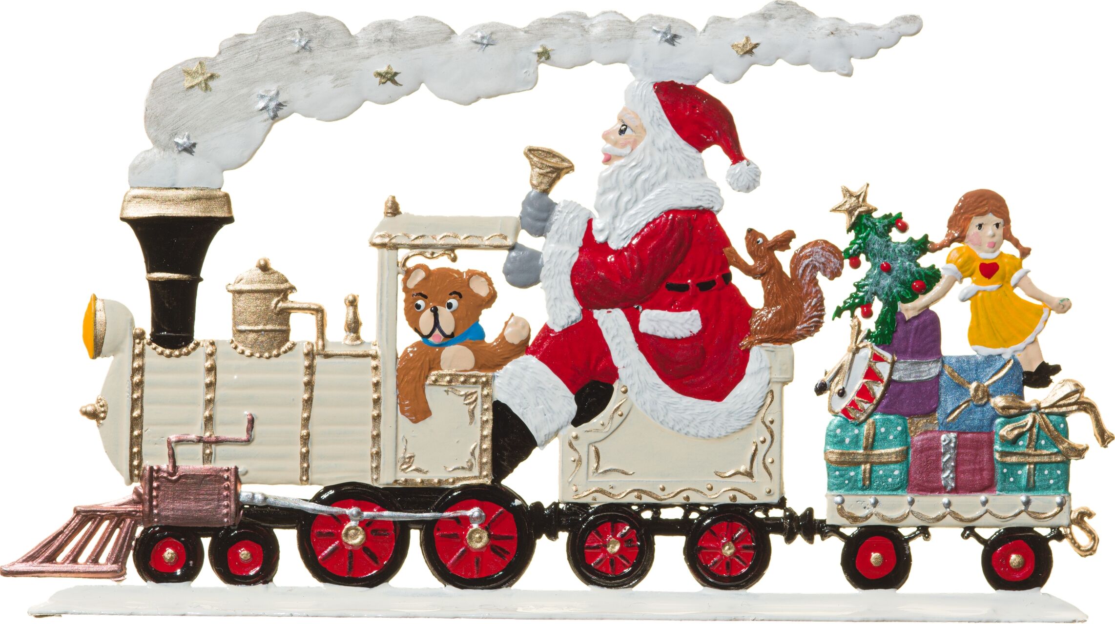 Detailreiche Zinnfigur eines festlichen Weihnachtszugs mit Weihnachtsmann, Geschenken, Teddybär und Kind, dekorativ bemalt in Rot, Weiß, Gold, Blau und Grün, als Weihnachtsdekoration geeignet.
