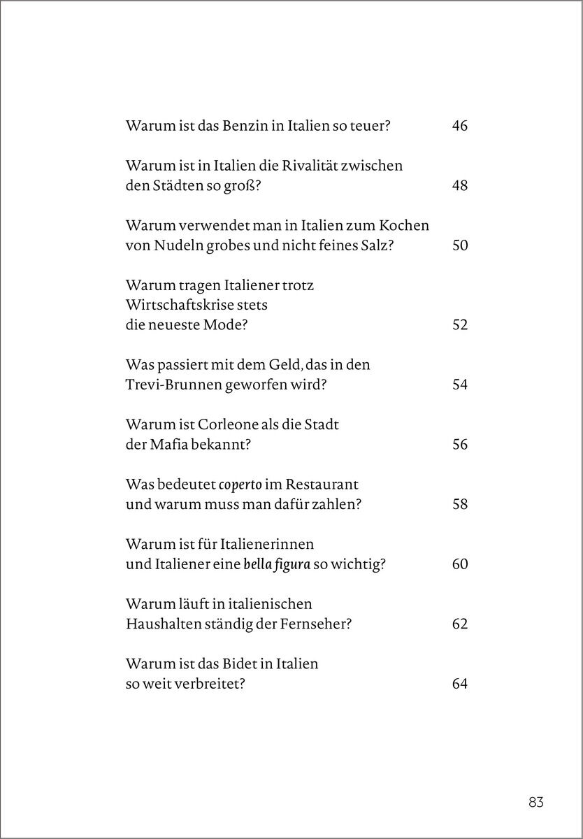 Seite aus dem Buch 'Italien verstehen - 30 verblüffende Antworten auf 30 kluge Fragen' mit Fragen zu Italien, gedruckt in schwarzer Schrift auf weißem Hintergrund.