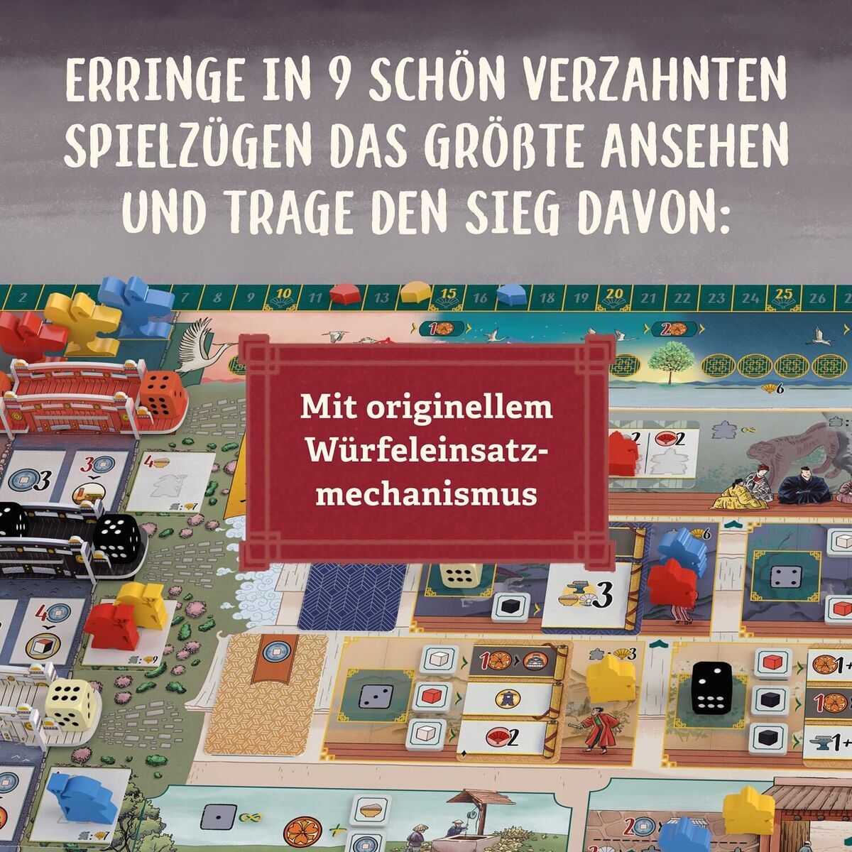 Brettspiel mit verschiedenen farbigen Spielfiguren und Karten. Text auf dem Bild lautet 'Erringe in 9 schön verzahnten Spielzügen das größte Ansehen und trage den Sieg davon: Mit originellem Würfeleinsatzmechanismus.'