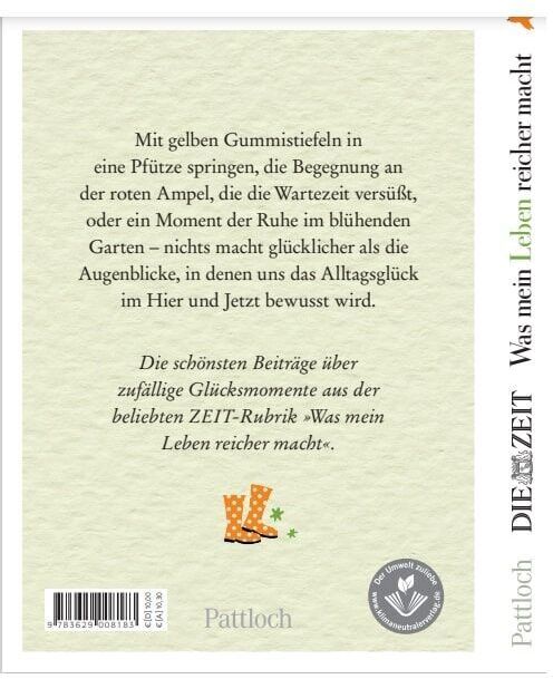 Ein Geschenkbuch mit dem Titel ‚Was mein Leben reicher macht: Glück & Lebensfreude‘. Das Cover ist grün und enthält eine Illustration von gelben Gummistiefeln. Der Verlag ist Pattloch und der Text beschreibt positive Momente im Leben.